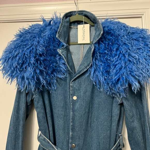 Loragal; Faux fur denim maxi trench coat - Picture 4 of 10